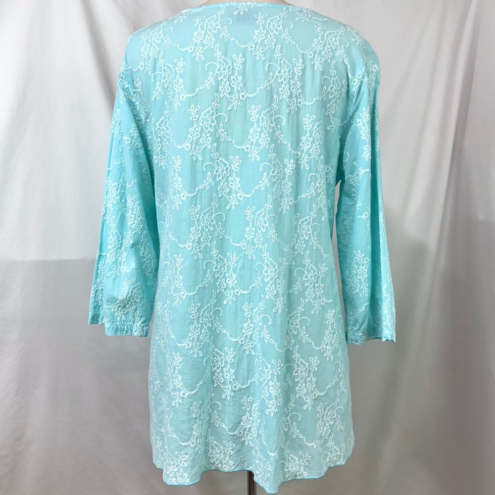 CMC Color Me Cotton Aqua Blue Floral Embroidered Asymmetrical Tunic Top L USA - Picture 5 of 7